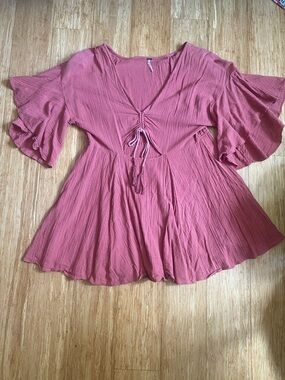 Free People Rust/terracotta Gauze Cotton V-Neck Tie-Front Babydoll Dress